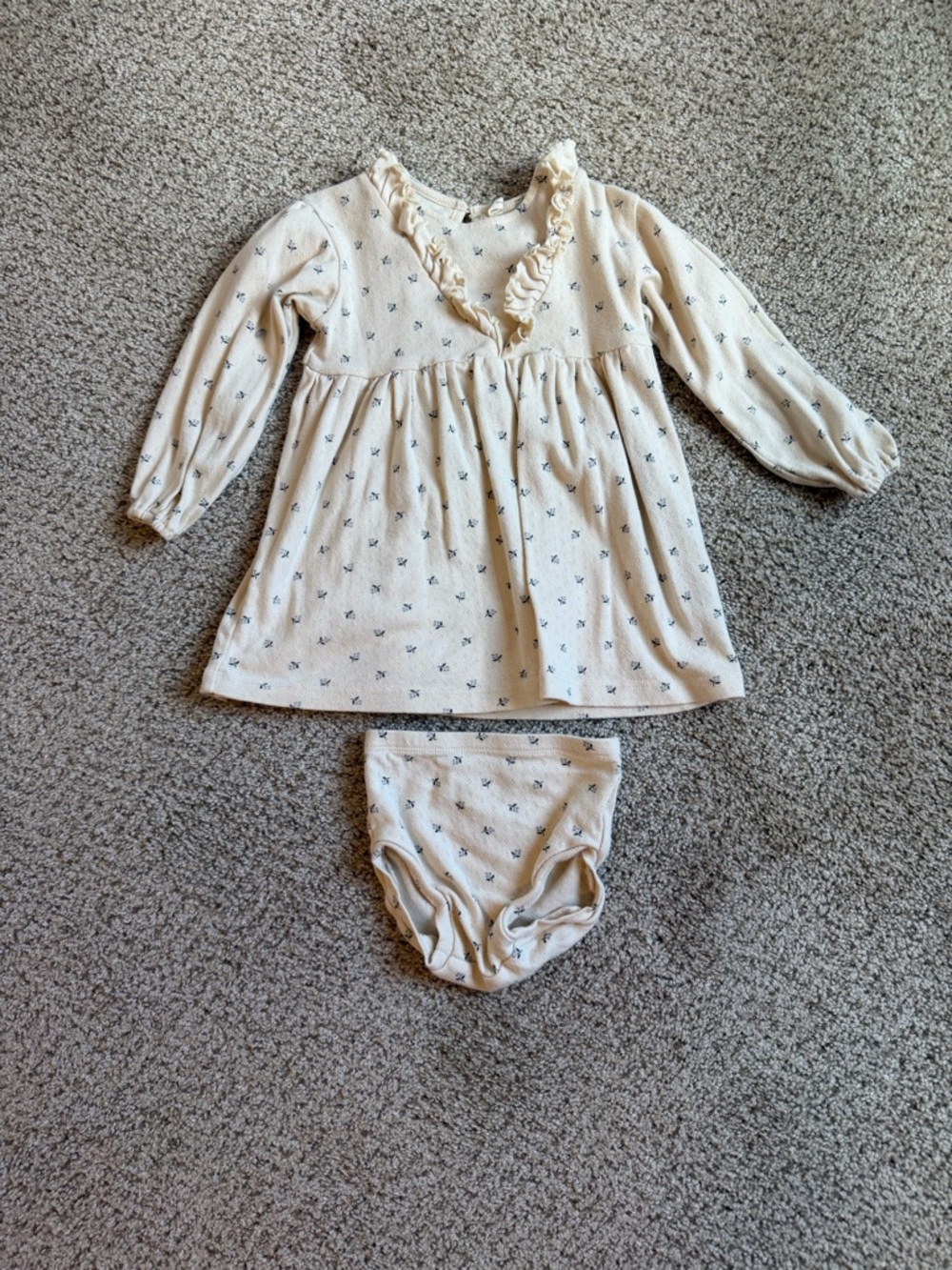 Quincy Mae Cream Long-Sleeve Ruffle Neck Dress with Bloom Print